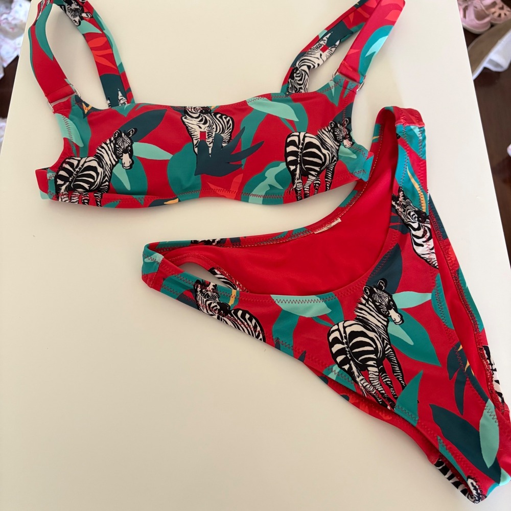 Zebra Tropical Print Two Piece Bikini Set Red High Cut Cheeky Swimsuit